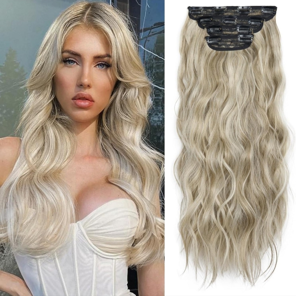 4PCS Synthetic Hair Warm Ash Blonde Highlights Bleach Blonde Clip in 